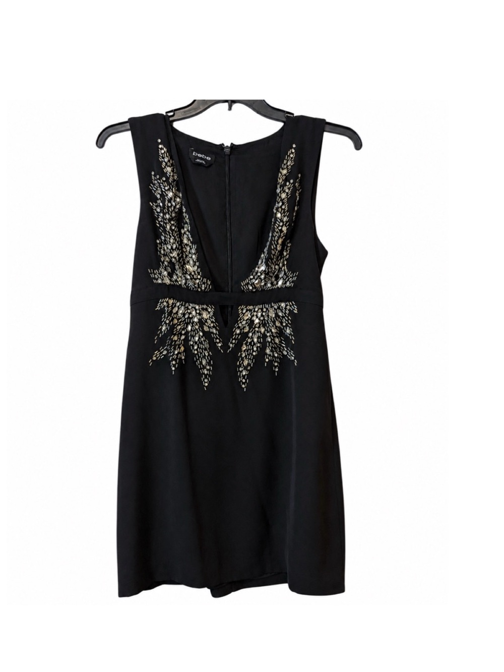 bebe Black Mini Dress with rhinestones 6 #110 deep v plunge cocktail bodycon